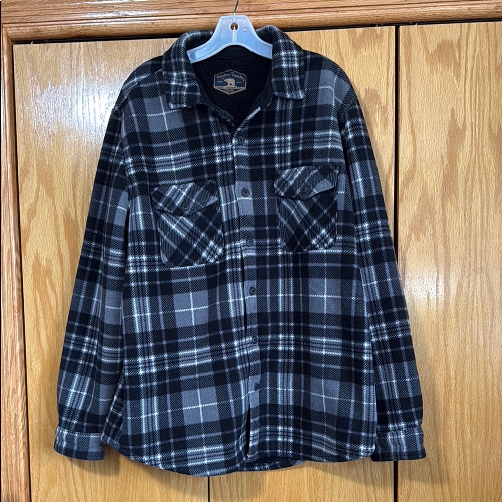 Mens Black and Gray Plaid Button Shacket with Sherpa Lining